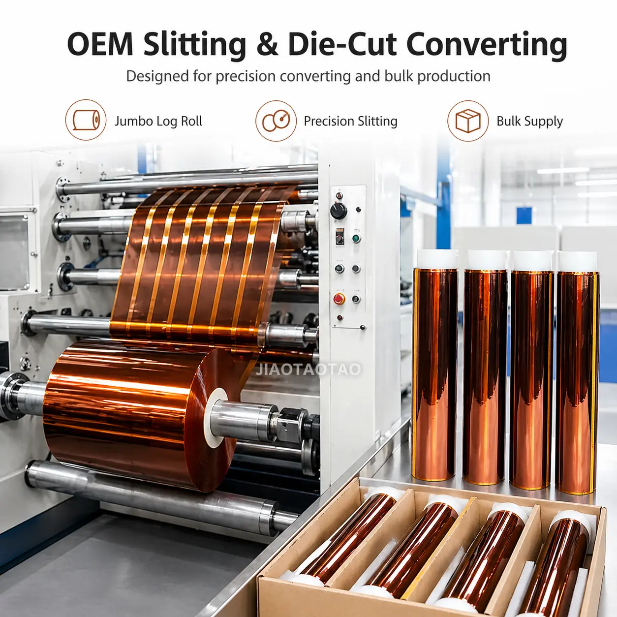 JIAOTAOTAO ESD polyimide tape log roll with OEM slitting, die-cutting, and bulk industrial supply.